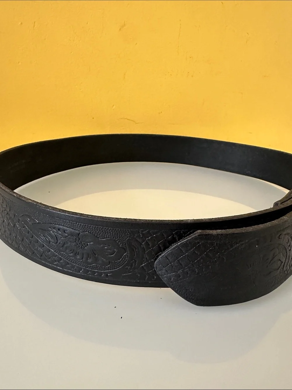 Western Tooled Black Leather Belt with Removable Oval Silver-tone Buckle 34